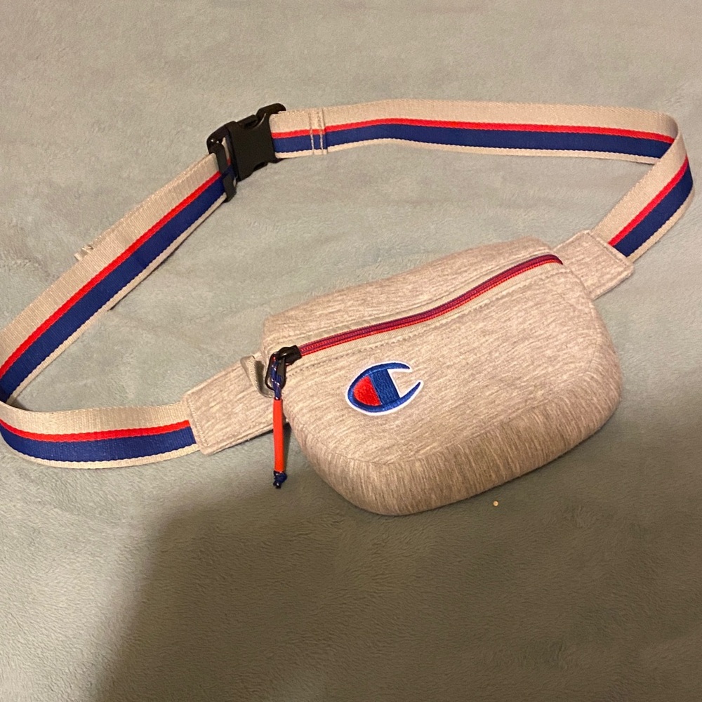 Champion Heather Gray sling cross body bag with Red & Blue Stripe